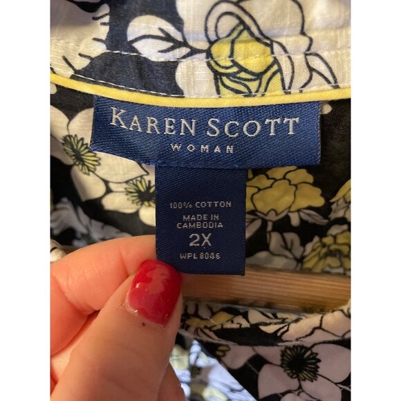 Karen Scott Black White Yellow Floral 3/4 Sleeve Button Up Blouse Top Sz 2X - Picture 6 of 7